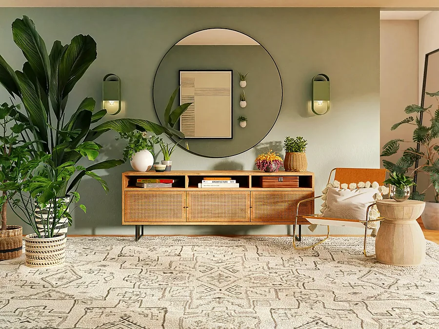 Aurae London lounge with sage walls, natural oak and soft daylight